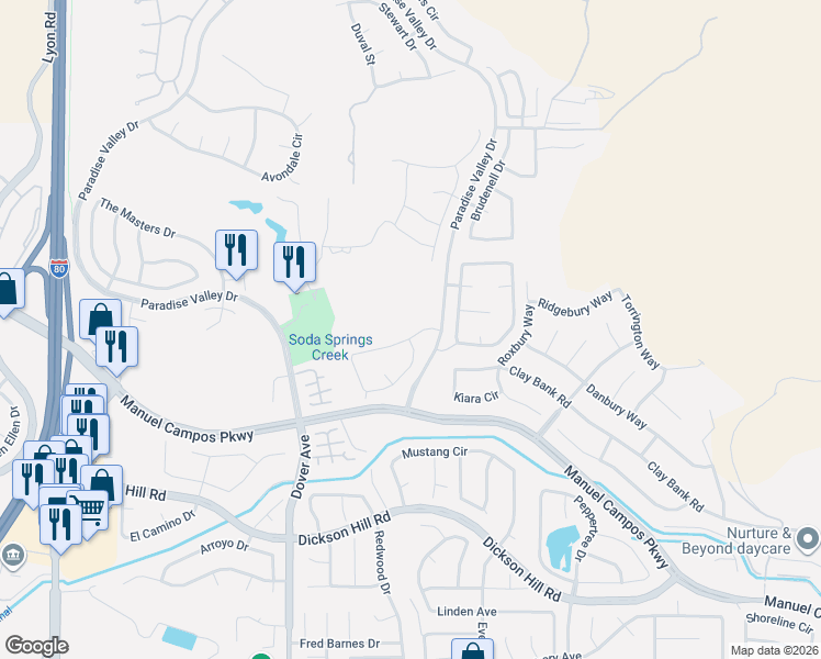map of restaurants, bars, coffee shops, grocery stores, and more near 1452 Fullerton Drive in Fairfield