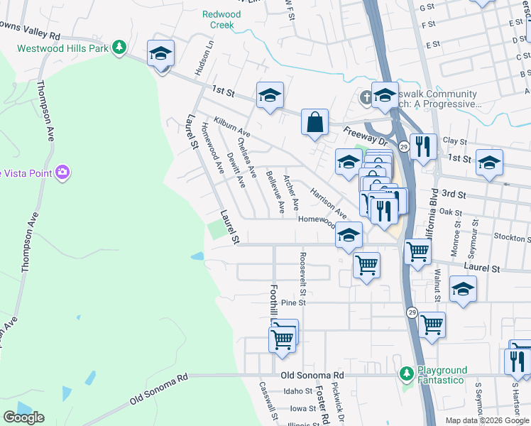 map of restaurants, bars, coffee shops, grocery stores, and more near 5 Chelsea Avenue in Napa