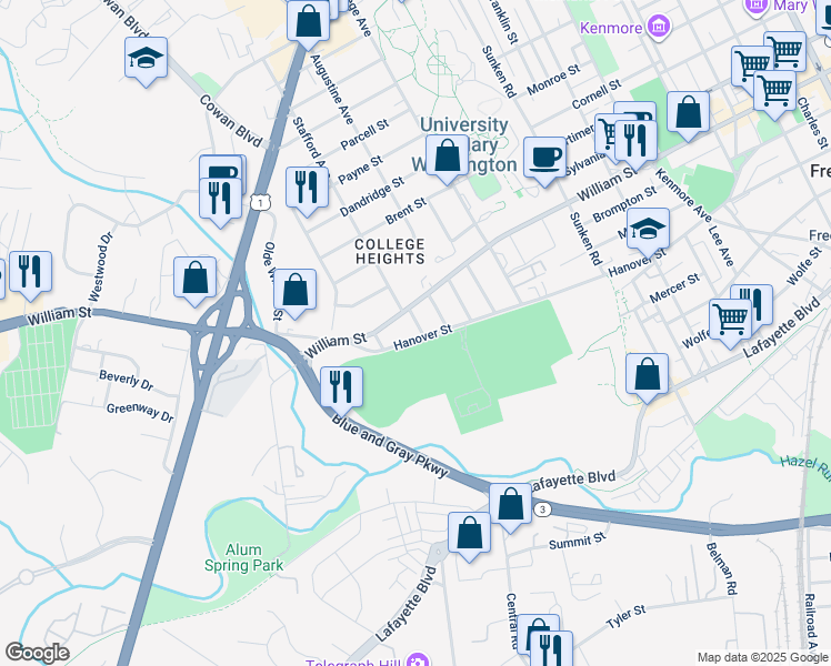 map of restaurants, bars, coffee shops, grocery stores, and more near 800 Adams Street in Fredericksburg