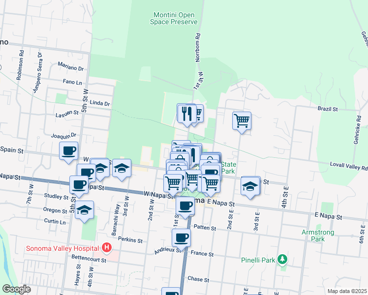 map of restaurants, bars, coffee shops, grocery stores, and more near 327 1st Street West in Sonoma
