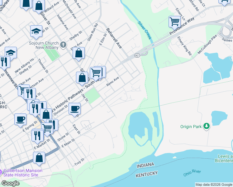 map of restaurants, bars, coffee shops, grocery stores, and more near 2122 East Market Street in New Albany