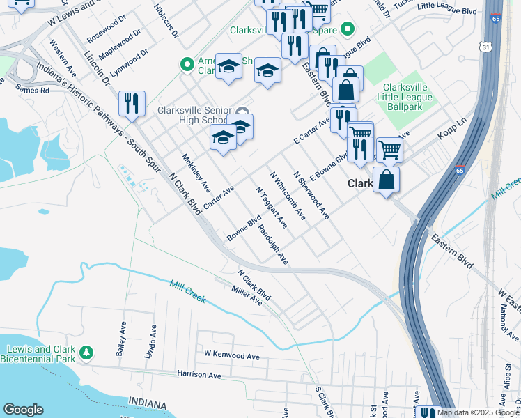 map of restaurants, bars, coffee shops, grocery stores, and more near 320 Bowne Boulevard in Clarksville