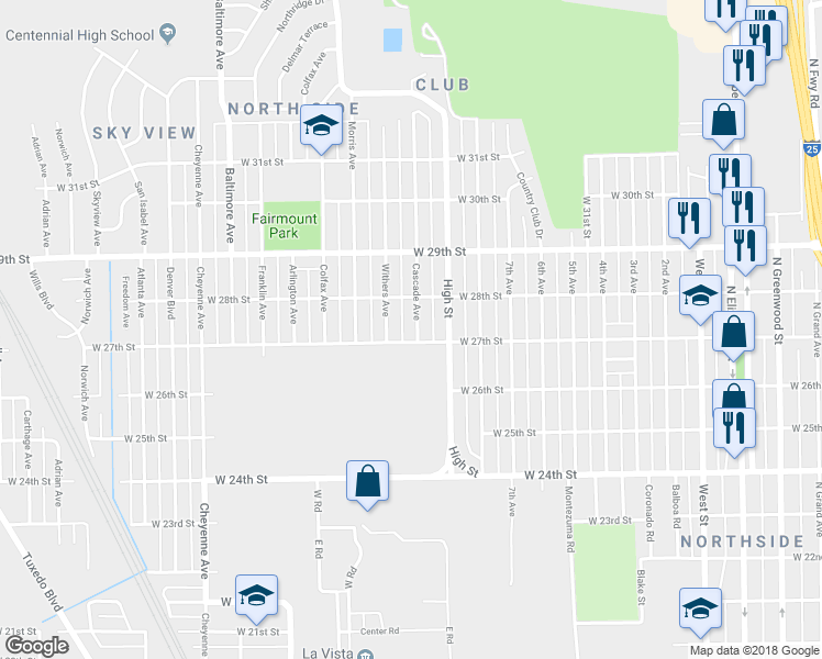 map of restaurants, bars, coffee shops, grocery stores, and more near 2707 Cascade Avenue in Pueblo
