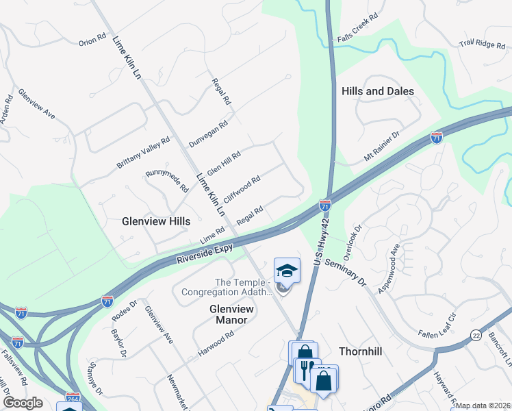 map of restaurants, bars, coffee shops, grocery stores, and more near 6308 Regal Road in Louisville