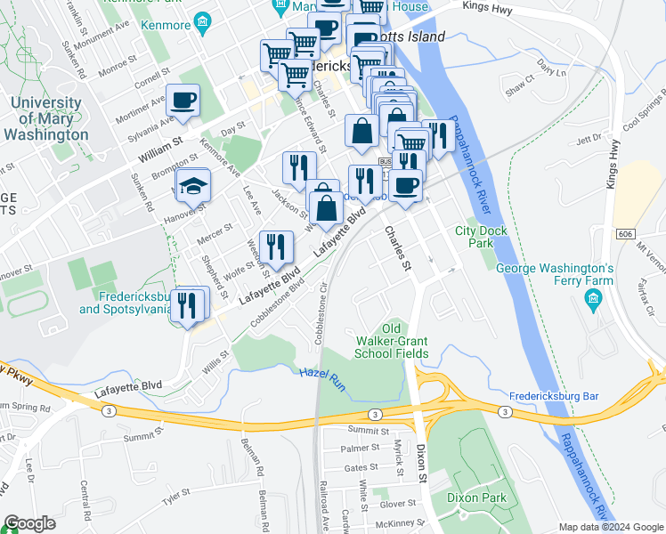 map of restaurants, bars, coffee shops, grocery stores, and more near 610 Cobblestone Boulevard in Fredericksburg