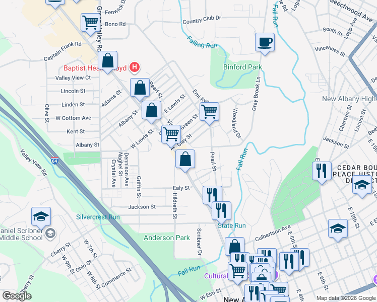 map of restaurants, bars, coffee shops, grocery stores, and more near 1124 State Street in New Albany