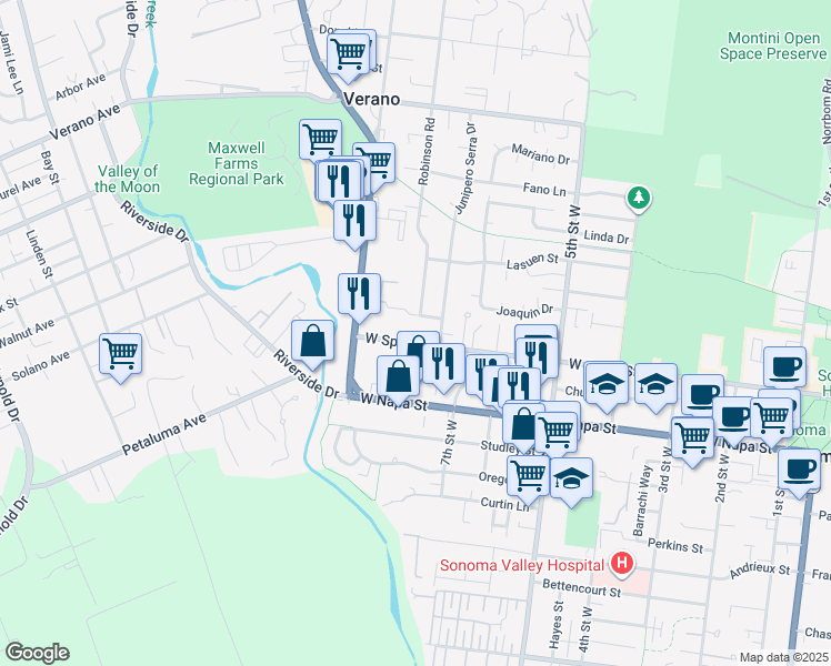 map of restaurants, bars, coffee shops, grocery stores, and more near 847 West Spain Street in Sonoma