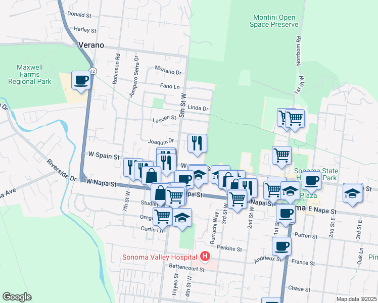 map of restaurants, bars, coffee shops, grocery stores, and more near 327 Baudin Way in Sonoma