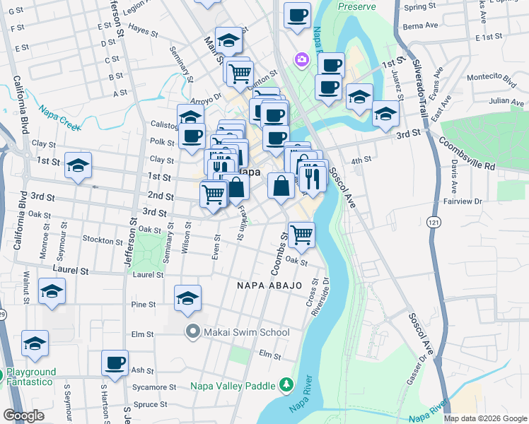 map of restaurants, bars, coffee shops, grocery stores, and more near 569 Randolph Street in Napa