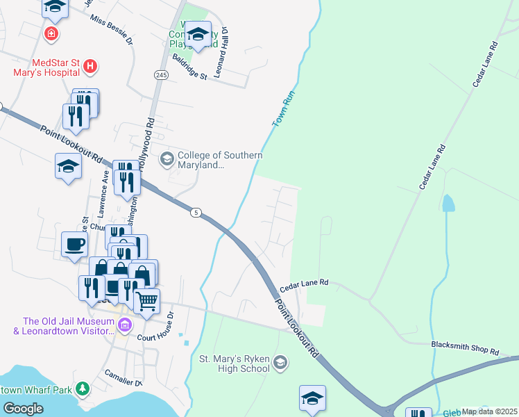 map of restaurants, bars, coffee shops, grocery stores, and more near 41871 Jenkins Court in Leonardtown