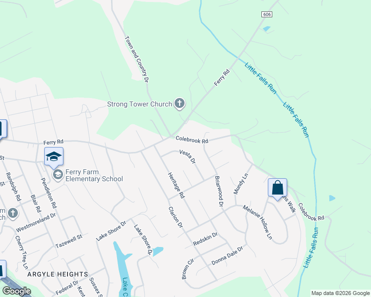 map of restaurants, bars, coffee shops, grocery stores, and more near 14 Vesta Drive in Fredericksburg
