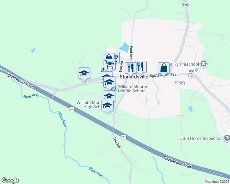 map of restaurants, bars, coffee shops, grocery stores, and more near 148 Monroe Drive in Stanardsville