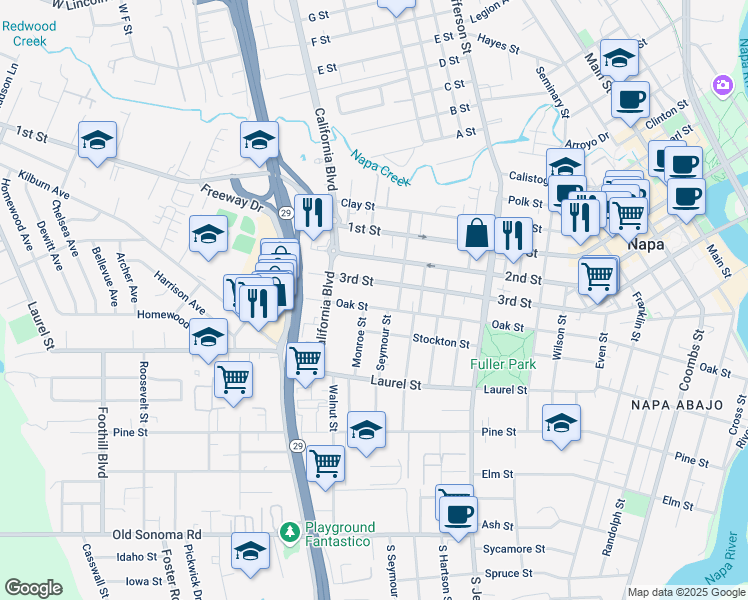map of restaurants, bars, coffee shops, grocery stores, and more near 645 Seymour Street in Napa