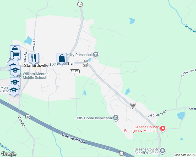 map of restaurants, bars, coffee shops, grocery stores, and more near 9086 Spotswood Trail in Stanardsville