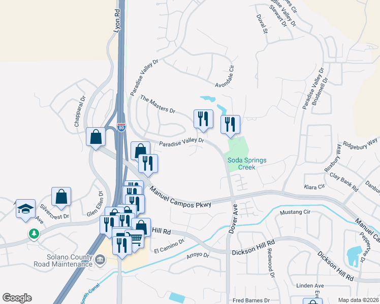 map of restaurants, bars, coffee shops, grocery stores, and more near 787 Montecito Court in Fairfield