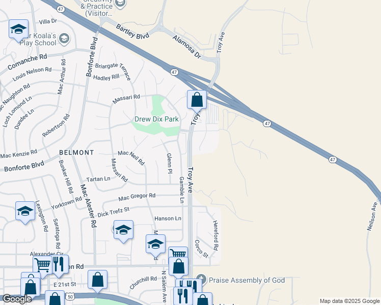 map of restaurants, bars, coffee shops, grocery stores, and more near 148 Gamble Lane in Pueblo