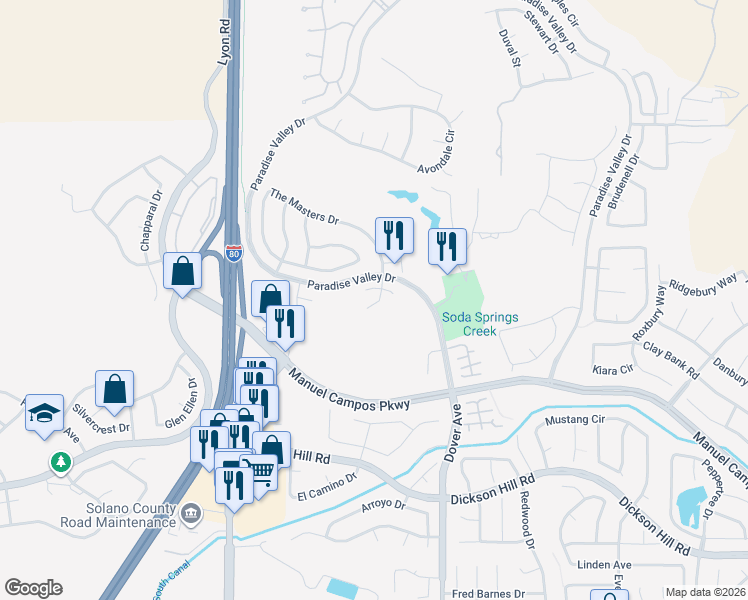 map of restaurants, bars, coffee shops, grocery stores, and more near 787 Montecito Court in Fairfield