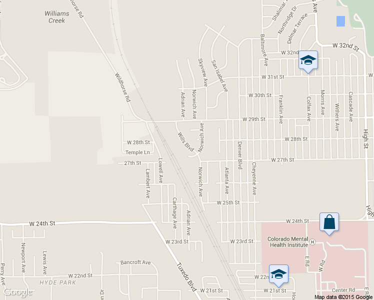 map of restaurants, bars, coffee shops, grocery stores, and more near 2719 Wills Boulevard in Pueblo