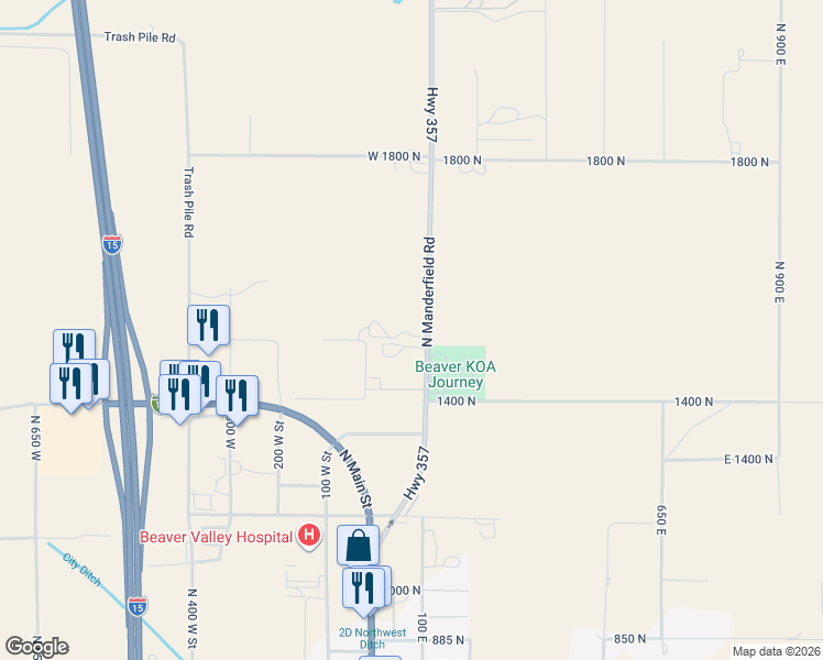map of restaurants, bars, coffee shops, grocery stores, and more near 1501 Highway 357 in Beaver