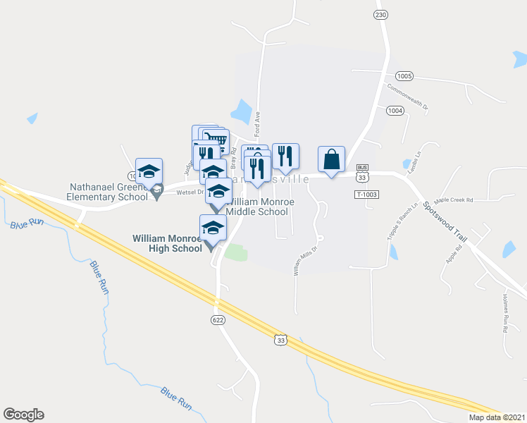 map of restaurants, bars, coffee shops, grocery stores, and more near 60 Stanard Street in Stanardsville