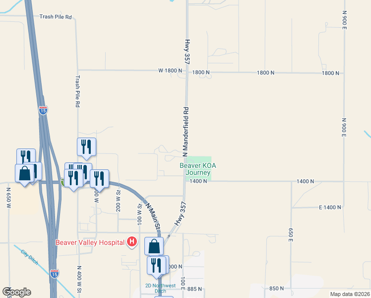 map of restaurants, bars, coffee shops, grocery stores, and more near 1501 Highway 357 in Beaver