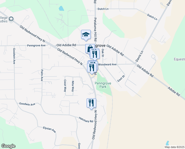 map of restaurants, bars, coffee shops, grocery stores, and more near 11201 Main Street in Penngrove
