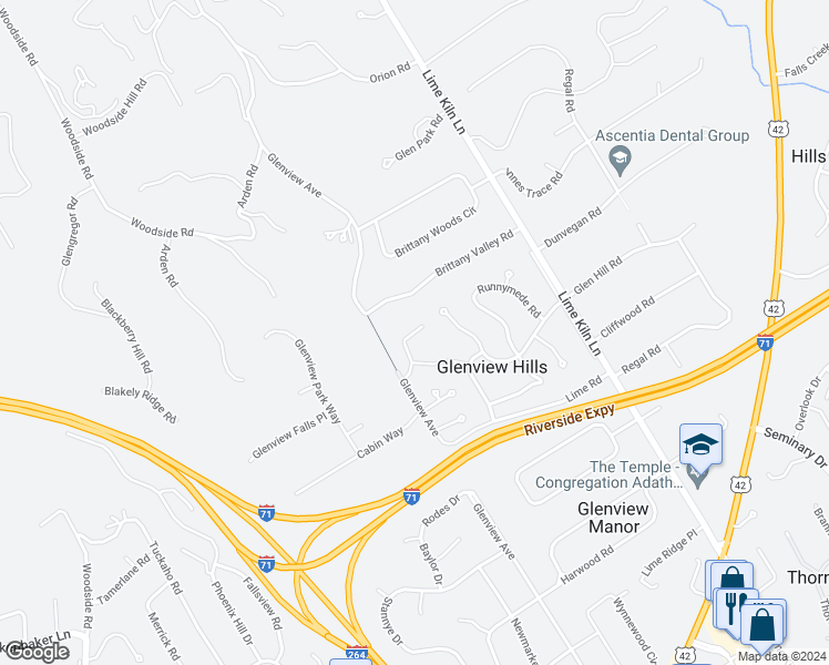 map of restaurants, bars, coffee shops, grocery stores, and more near Dunraven Court in Louisville