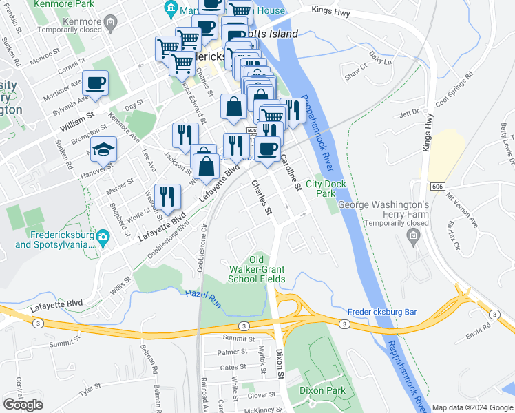 map of restaurants, bars, coffee shops, grocery stores, and more near 404 Princess Elizabeth Street in Fredericksburg