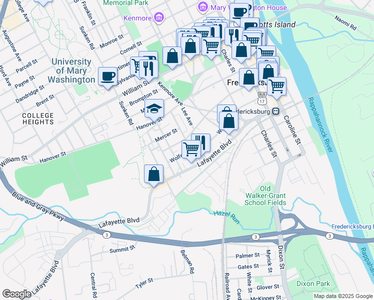 map of restaurants, bars, coffee shops, grocery stores, and more near 803 Wolfe Street in Fredericksburg