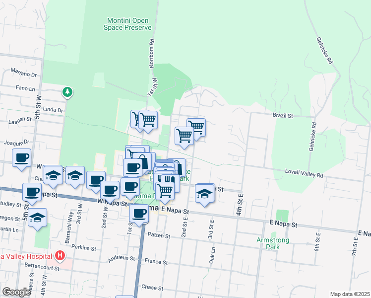 map of restaurants, bars, coffee shops, grocery stores, and more near 273 2nd Street East in Sonoma