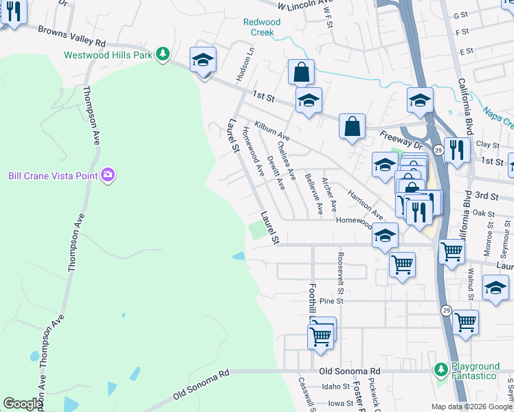 map of restaurants, bars, coffee shops, grocery stores, and more near 108 Riordan Lane in Spanish Flat