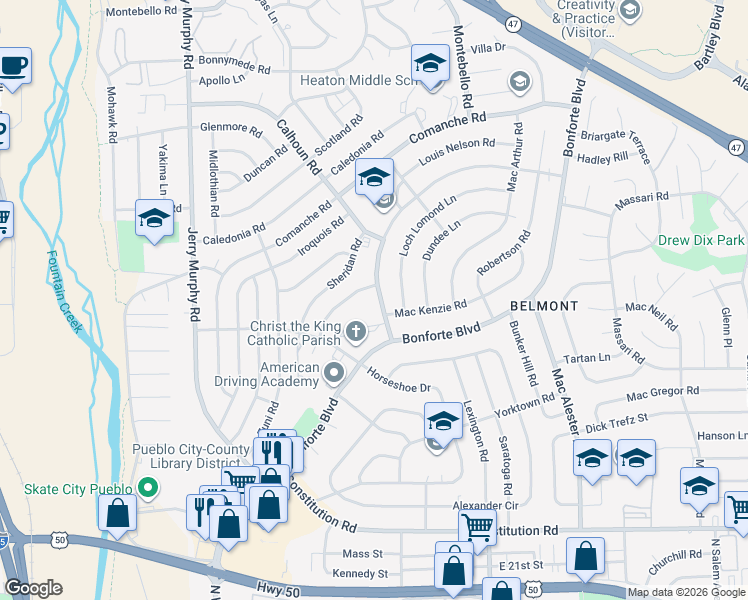 map of restaurants, bars, coffee shops, grocery stores, and more near 1725 Bonny Brae Lane in Pueblo