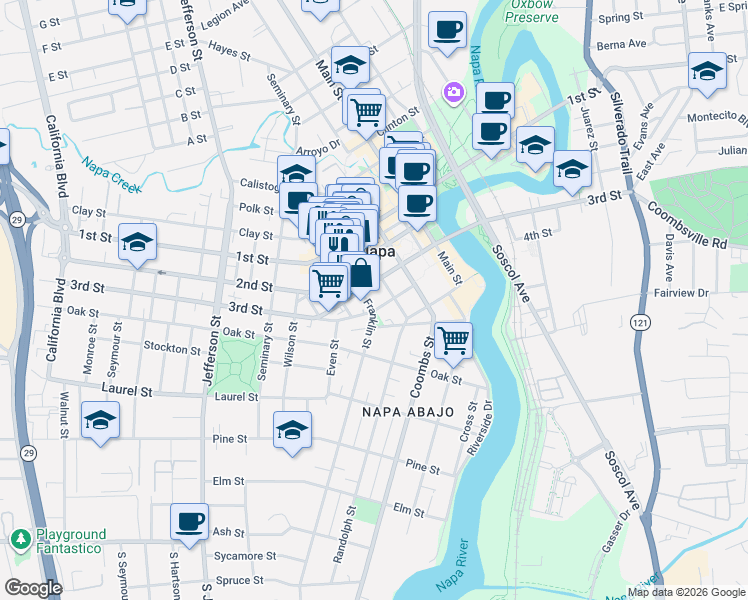 map of restaurants, bars, coffee shops, grocery stores, and more near 720 Franklin Street in Napa