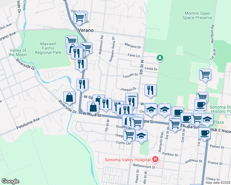 map of restaurants, bars, coffee shops, grocery stores, and more near 547 Joaquin Drive in Sonoma