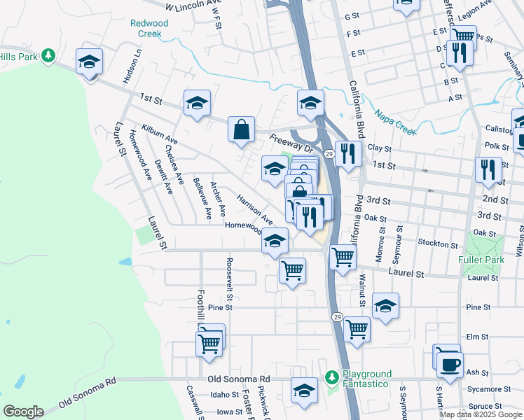 map of restaurants, bars, coffee shops, grocery stores, and more near 2735 Kilburn Avenue in Napa