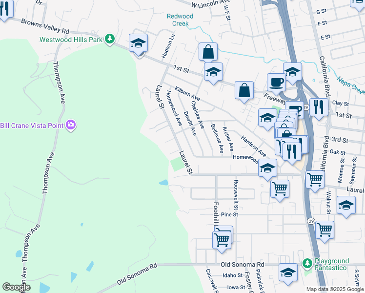 map of restaurants, bars, coffee shops, grocery stores, and more near 177 Homewood Avenue in Napa