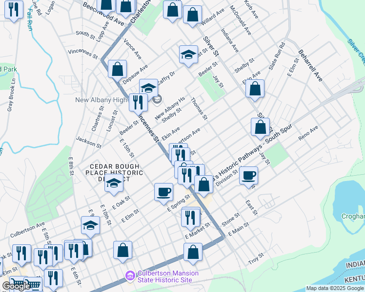 map of restaurants, bars, coffee shops, grocery stores, and more near 1808 Culbertson Avenue in New Albany