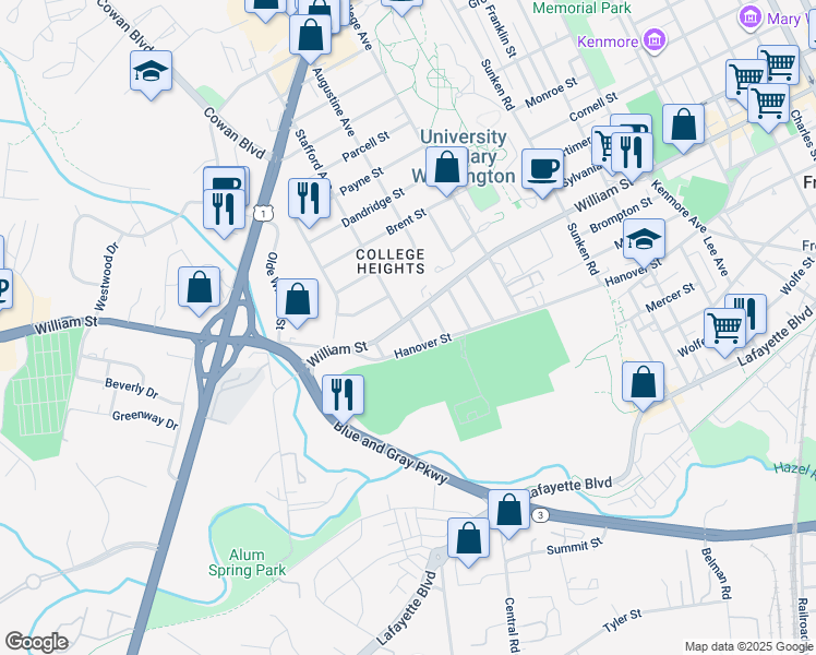 map of restaurants, bars, coffee shops, grocery stores, and more near 1400 William Street in Fredericksburg