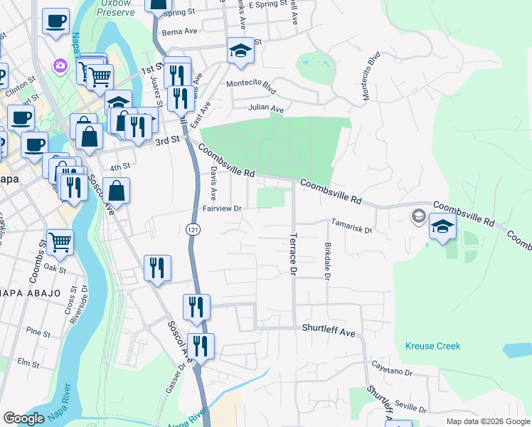 map of restaurants, bars, coffee shops, grocery stores, and more near 400 Aguirre Way in Napa