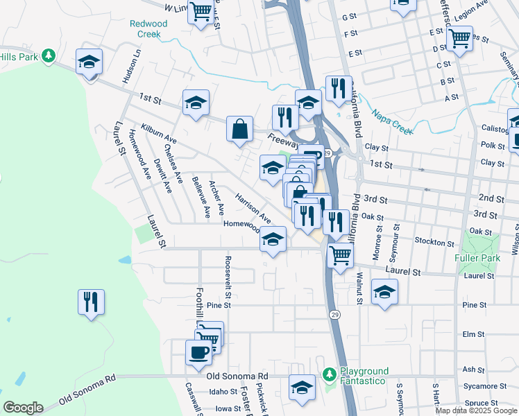 map of restaurants, bars, coffee shops, grocery stores, and more near 2735 Kilburn Avenue in Napa