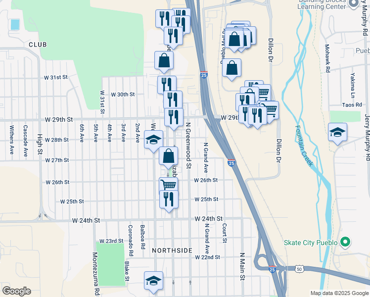 map of restaurants, bars, coffee shops, grocery stores, and more near 2728 N Elizabeth St in Pueblo