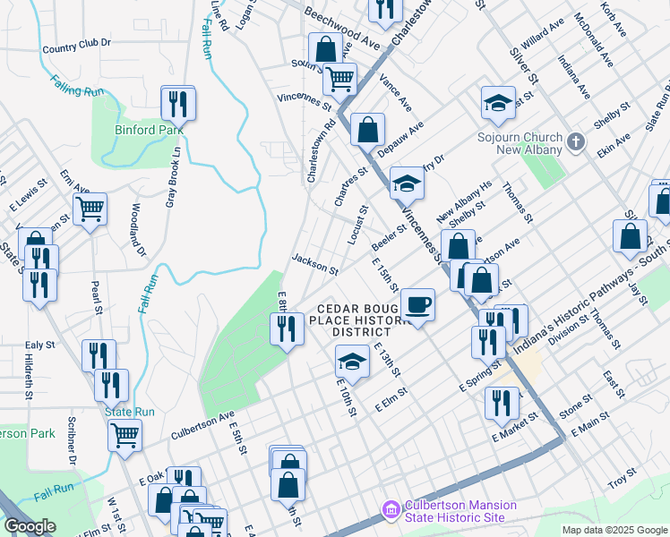 map of restaurants, bars, coffee shops, grocery stores, and more near 1403 Locust Street in New Albany