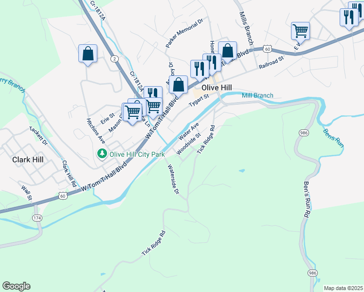 map of restaurants, bars, coffee shops, grocery stores, and more near 621-625 Woodside Street in Olive Hill