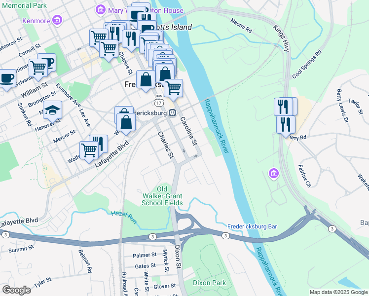 map of restaurants, bars, coffee shops, grocery stores, and more near 217 Princess Anne Street in Fredericksburg
