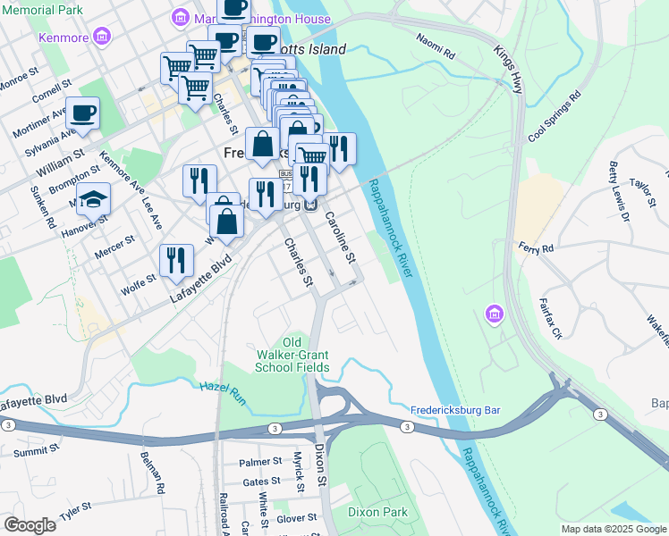 map of restaurants, bars, coffee shops, grocery stores, and more near 217 Princess Anne Street in Fredericksburg