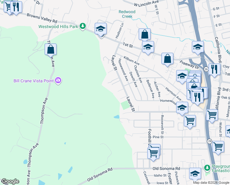 map of restaurants, bars, coffee shops, grocery stores, and more near 3095 Laurel Street in Napa