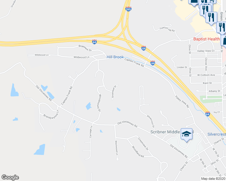 map of restaurants, bars, coffee shops, grocery stores, and more near 1003 Greenleaf Drive in New Albany