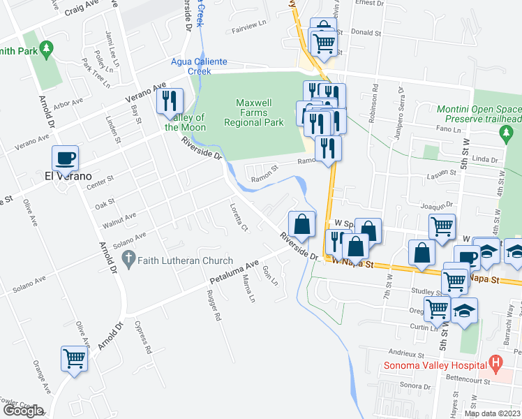 map of restaurants, bars, coffee shops, grocery stores, and more near 160 Tuscany Place in Sonoma