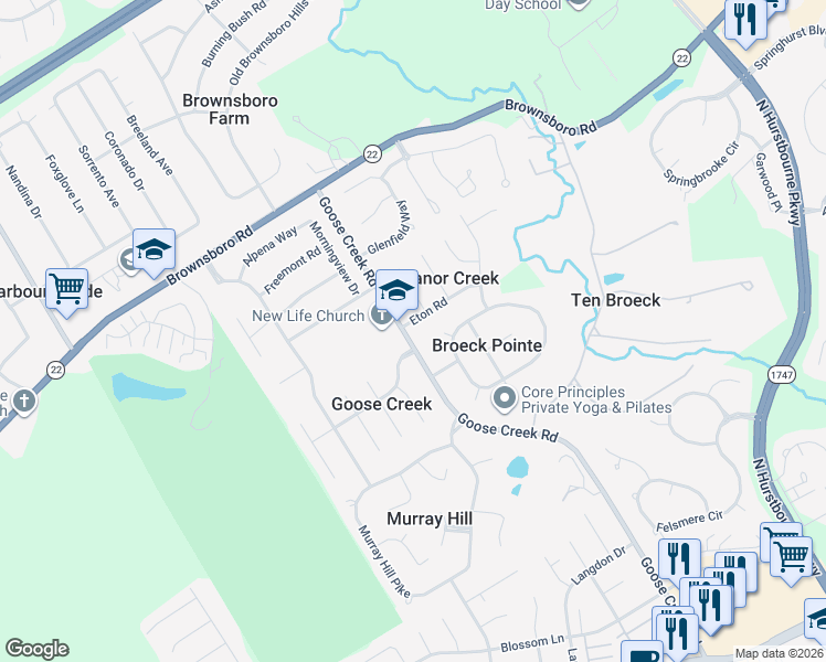 map of restaurants, bars, coffee shops, grocery stores, and more near 8704 Eton Road in Louisville
