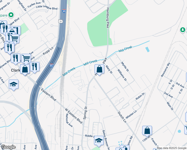 map of restaurants, bars, coffee shops, grocery stores, and more near 2105 Hamburg Pike in Jeffersonville